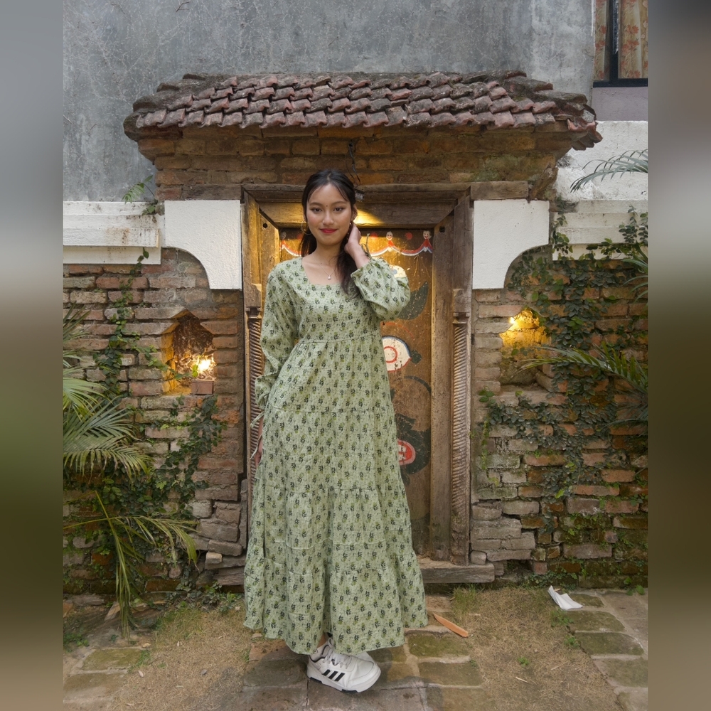 Floral Cotton Green Maxi Dress